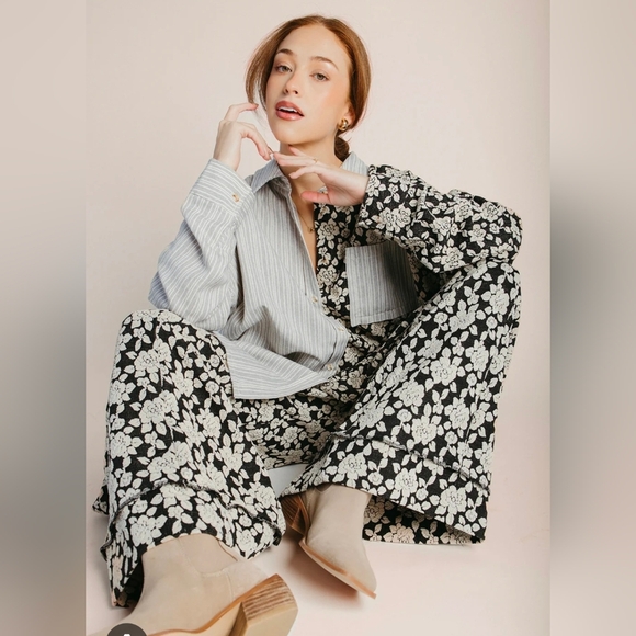 2PC BiBi Cream Gray Black Button Up Top And Pants Set Oversized NEW With Tags - Picture 2 of 6